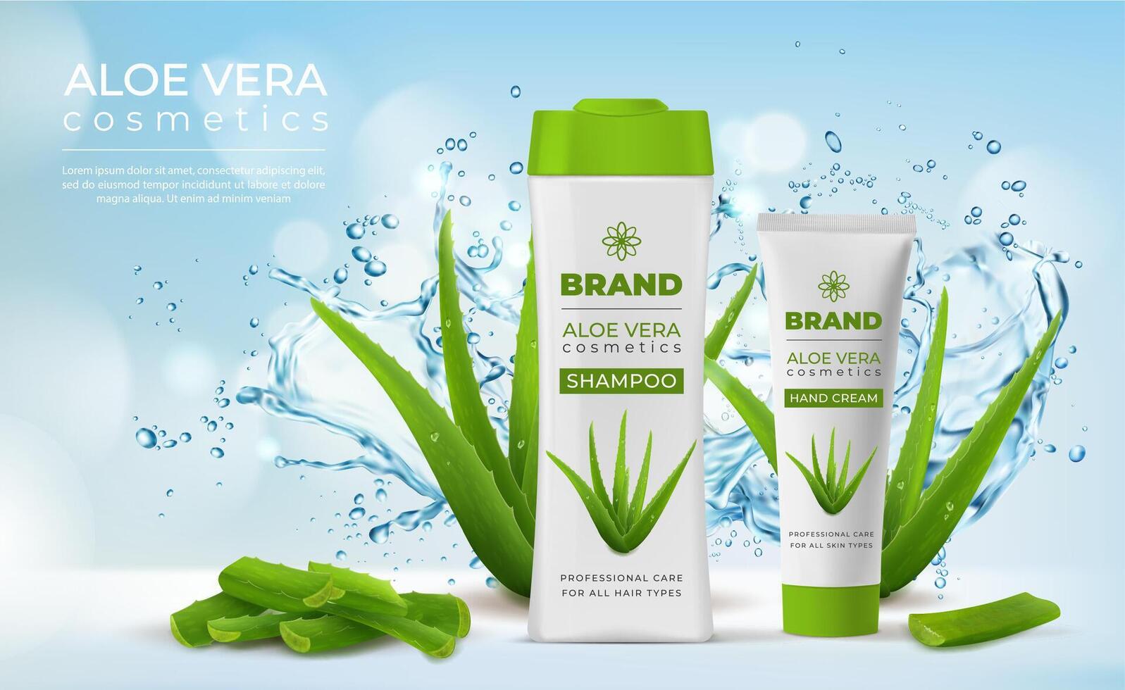 aloés vera creme e xampu cosméticos pacote vetor