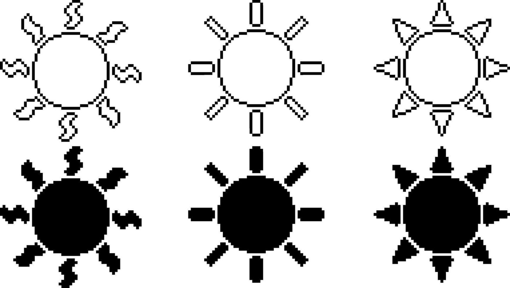 Preto branco pixel arte Sol ícone conjunto vetor