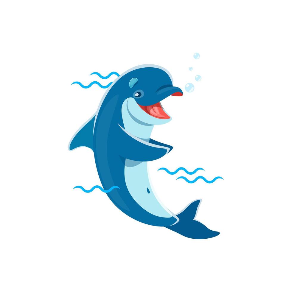 desenho animado golfinho personagem jogando dentro azul ondas vetor