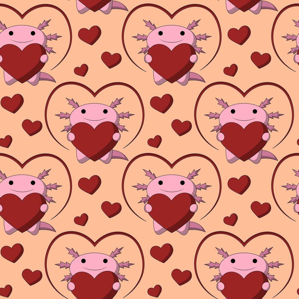 desatado padronizar com fofa desenho animado axolotl com coração vetor