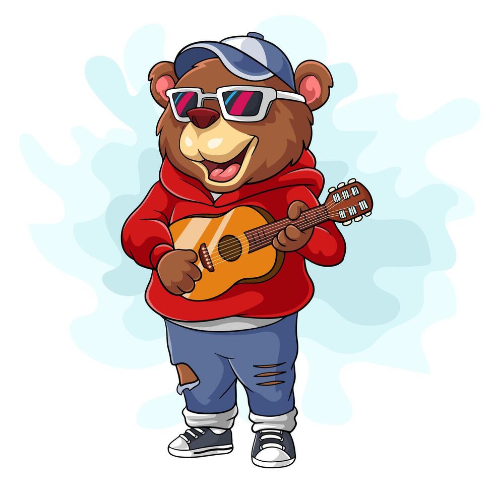 desenho animado hipster Urso jogando guitarra vetor