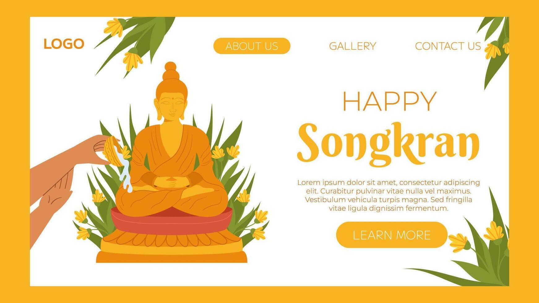 Songkran, tomando banho a Buda estátua, bênção piedosos água e pagar respeito para tradições. Tailândia Novo ano. vetor aterrissagem página local na rede Internet modelo dentro plano estilo para a comemorar.