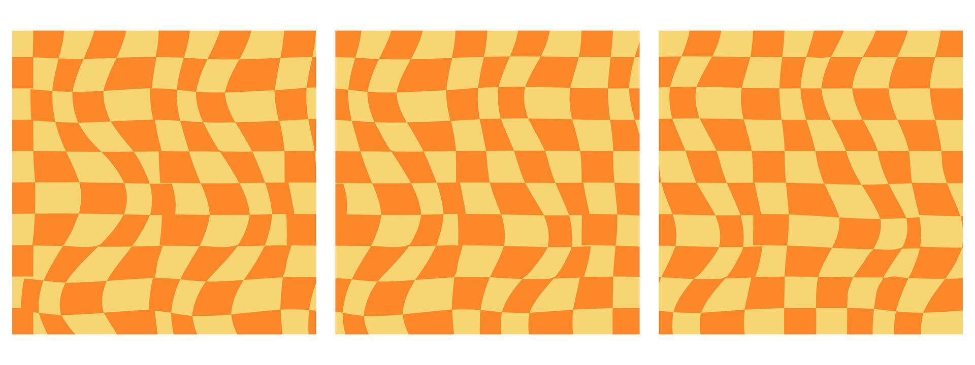 conjunto do quadrado abstrato fundo apresentando uma psicodélico groovy tabuleiro de damas Projeto dentro Década de 1970 hippie retro estilo. vetor padronizar pronto para usar. amarelo e laranja cores