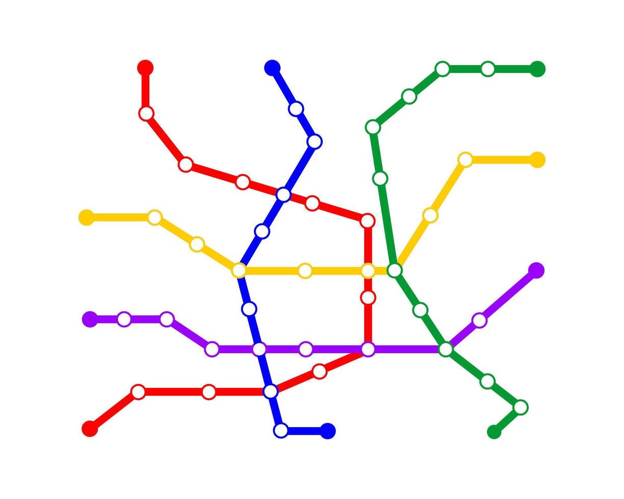 metrô mapa modelo. metro esquema com 5 caminho linhas. infográfico diagrama do público rápido subterrâneo transporte rede com estações vetor