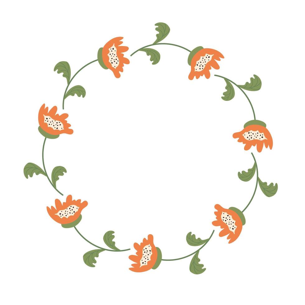 rabisco floral guirlanda fez do laranja flores dentro círculo. mão desenhado minimalista botânico elemento. volta quadro, Armação ou fronteira com Lugar, colocar texto, citar ou logotipo dentro plano estilo.. vetor