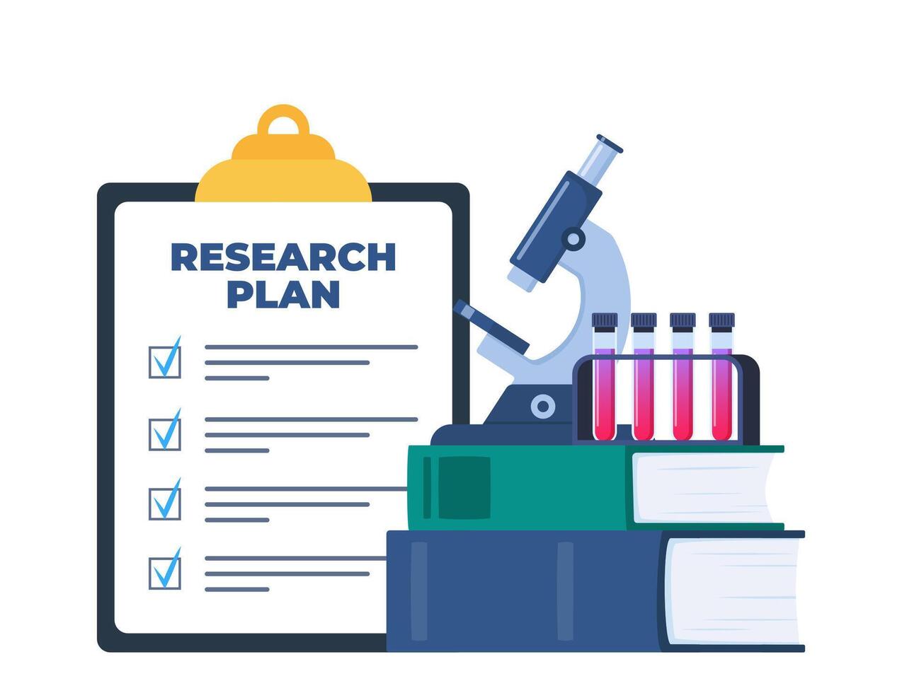 químico laboratório pesquisa plano em prancheta com lista de controle. químico laboratório equipamento e livros. laboratório pesquisar, testando, estudos dentro química. vetor ilustração.