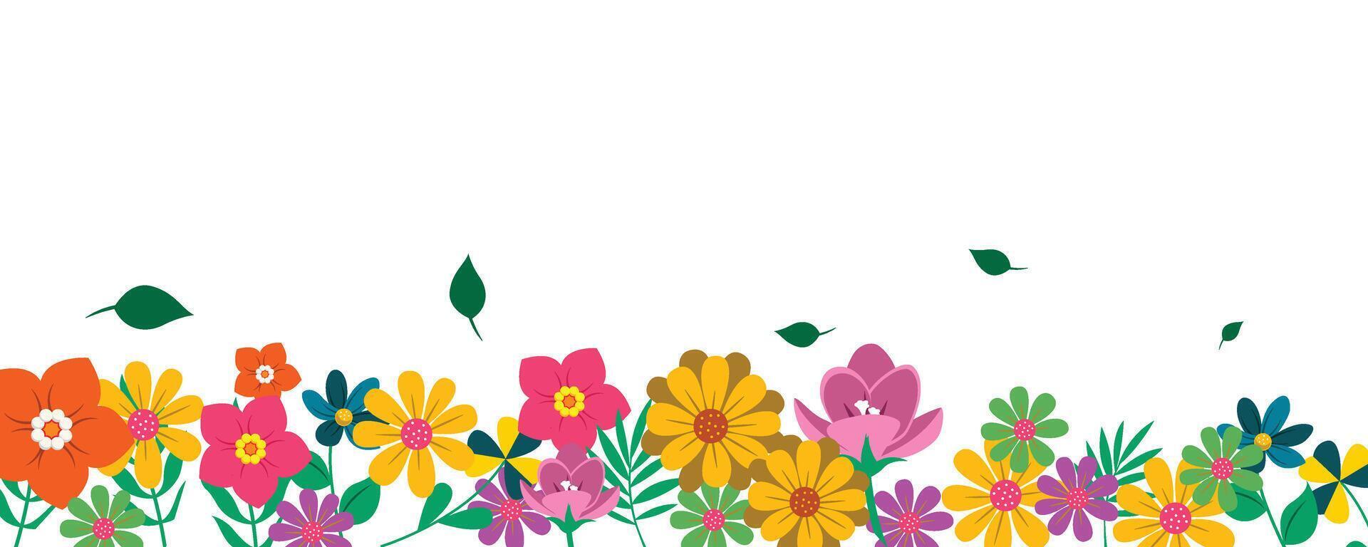 horizontal quadro, Armação Primavera fundo ilustração com flores e folhas. pássaro casas em árvores, flor carrinhos e lindo Primavera Visualizações vetor