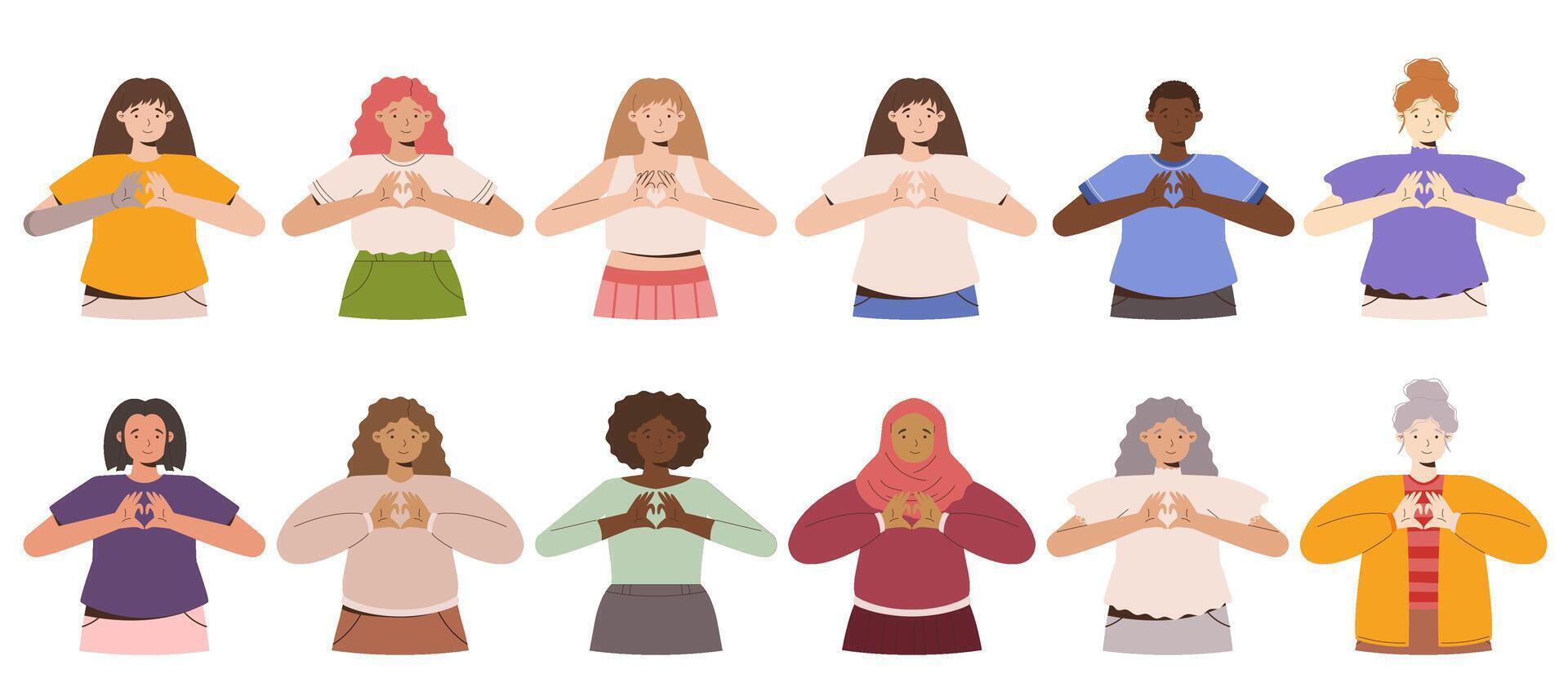 iwd inspirar inclusão campanha, internacional mulheres dia 2024 coleção características uma diversidade do mulheres fazer a coração gesto com seus mãos. vetor mão desenhado ilustração dentro plano estilo.