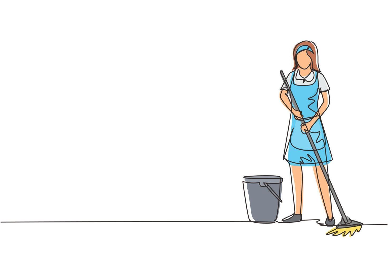 pessoal da empresa de limpeza de desenho de linha contínua única para trabalhar com o equipamento. mulher com baldes e esfregões. trabalhador de limpeza doméstica e equipamentos de limpeza. ilustração vetorial de design de desenho de uma linha vetor