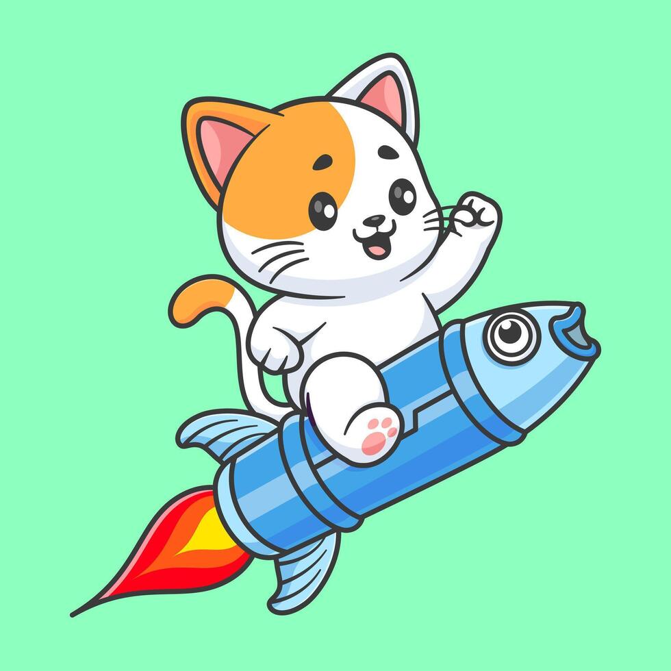 fofa gato equitação peixe foguete desenho animado vetor ícone ilustração animal transporte isolado