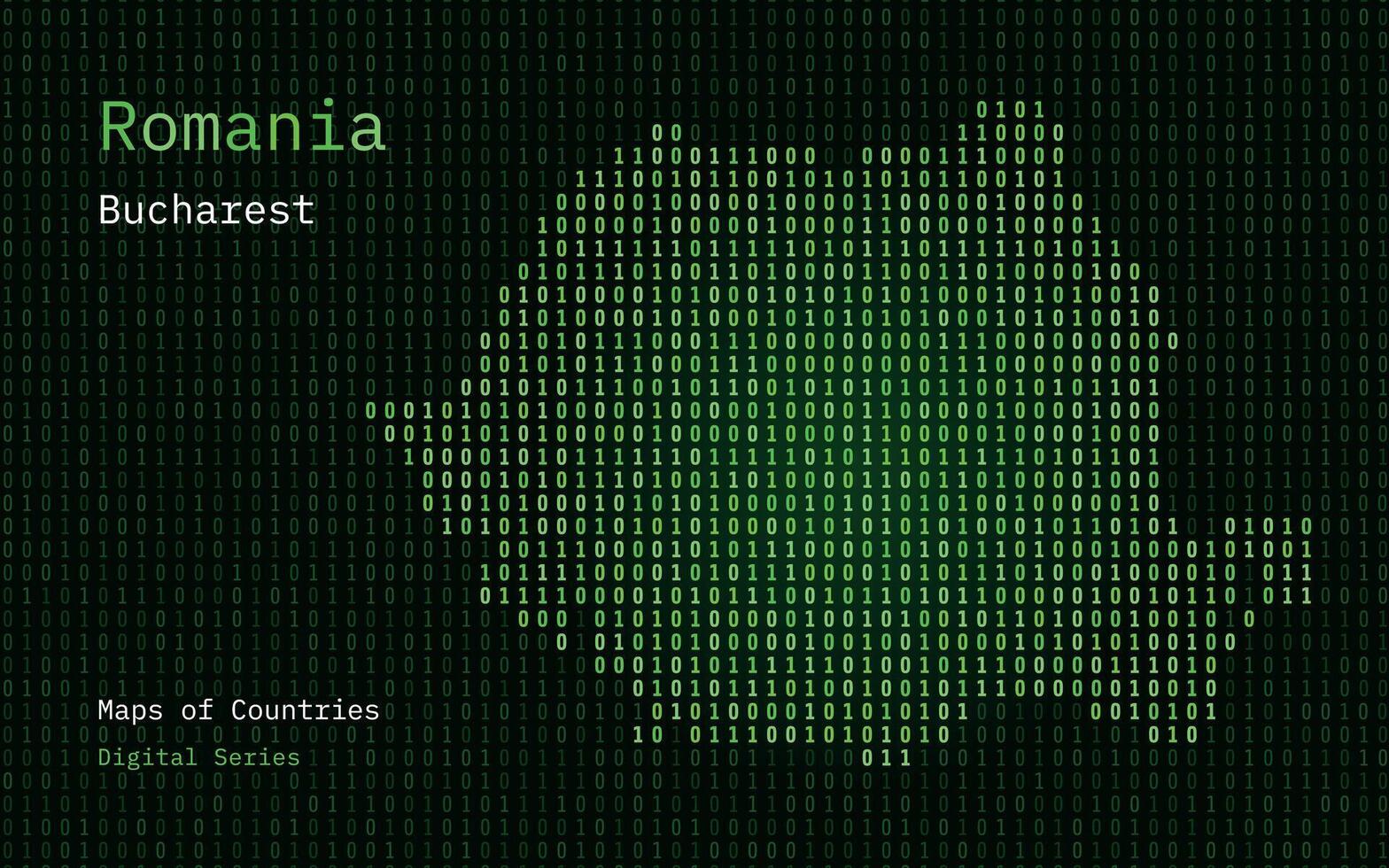 romênia mapa mostrando dentro binário código padronizar. matriz números, zero, um. mundo países vetor mapas. digital Series