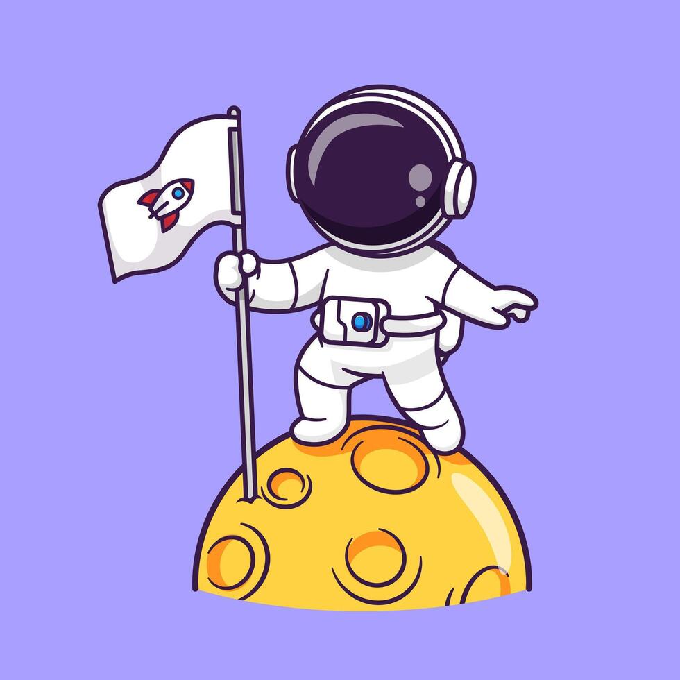 fofa astronauta segurando bandeira em lua desenho animado vetor ícone ilustração. Ciência tecnologia ícone conceito isolado Prêmio vetor. plano desenho animado estilo