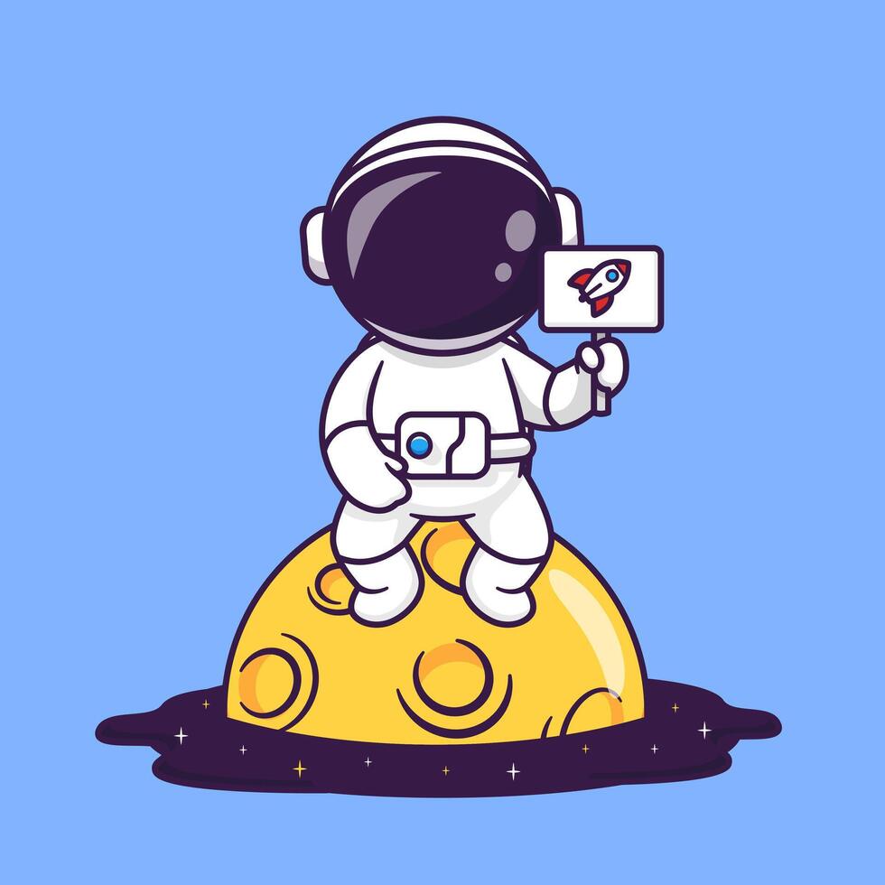 fofa astronauta sentado em lua com foguete placa desenho animado vetor ícone ilustração. Ciência tecnologia ícone conceito isolado Prêmio vetor. plano desenho animado estilo