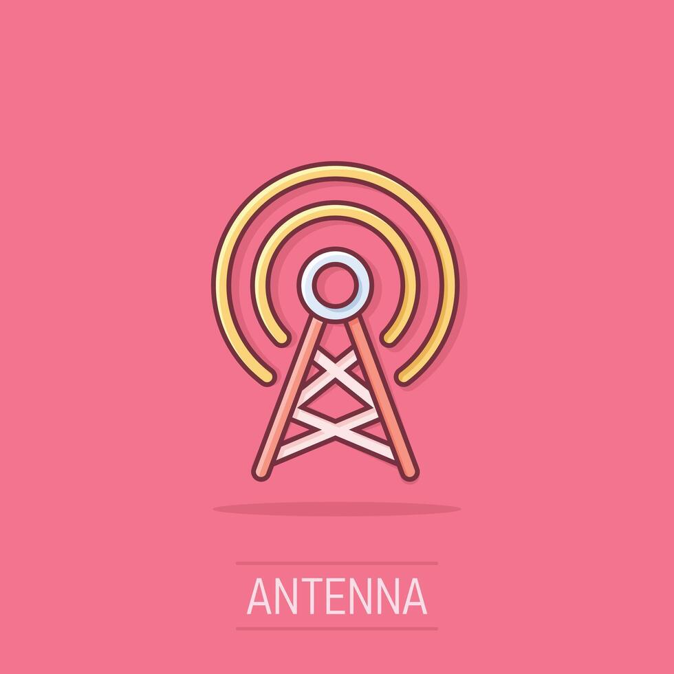 antena torre ícone dentro quadrinho estilo. transmissão desenho animado vetor ilustração em isolado fundo. Wi-fi respingo efeito o negócio conceito.