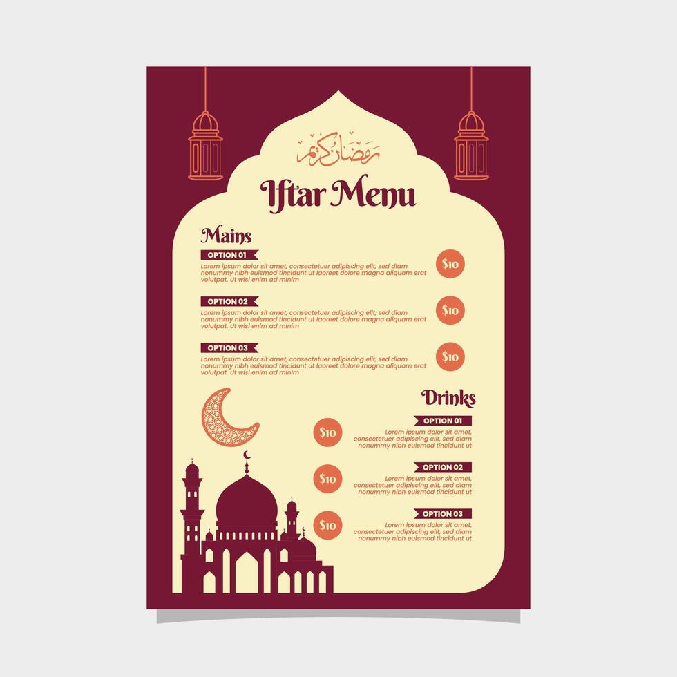 islâmico iftar cardápio Projeto vetor com vermelho fundo e mesquita ilustração
