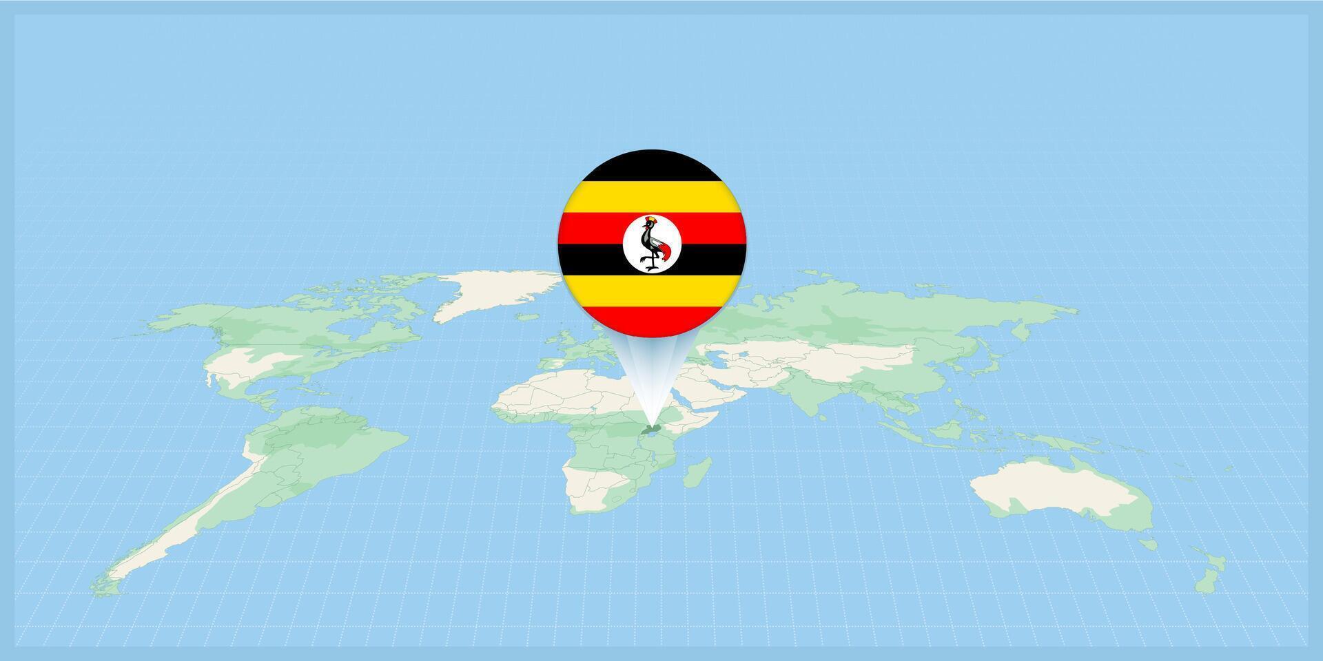 localização do Uganda em a mundo mapa, marcado com Uganda bandeira alfinete. vetor