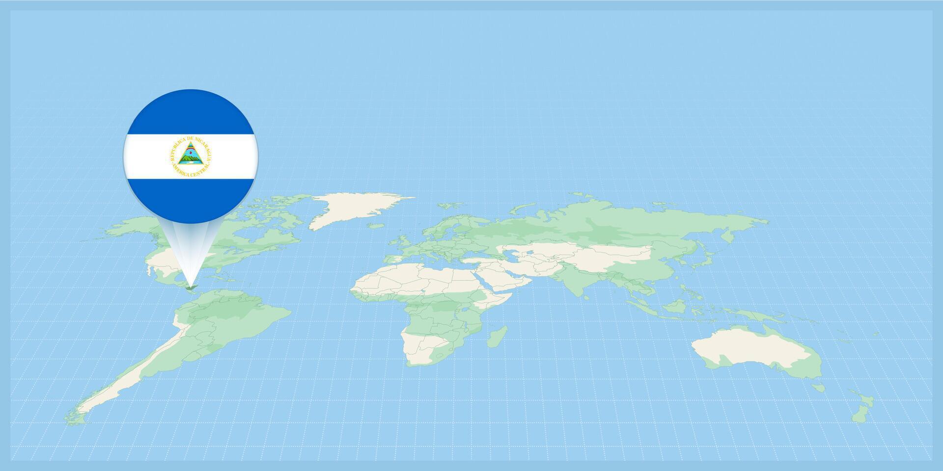 localização do Nicarágua em a mundo mapa, marcado com Nicarágua bandeira alfinete. vetor