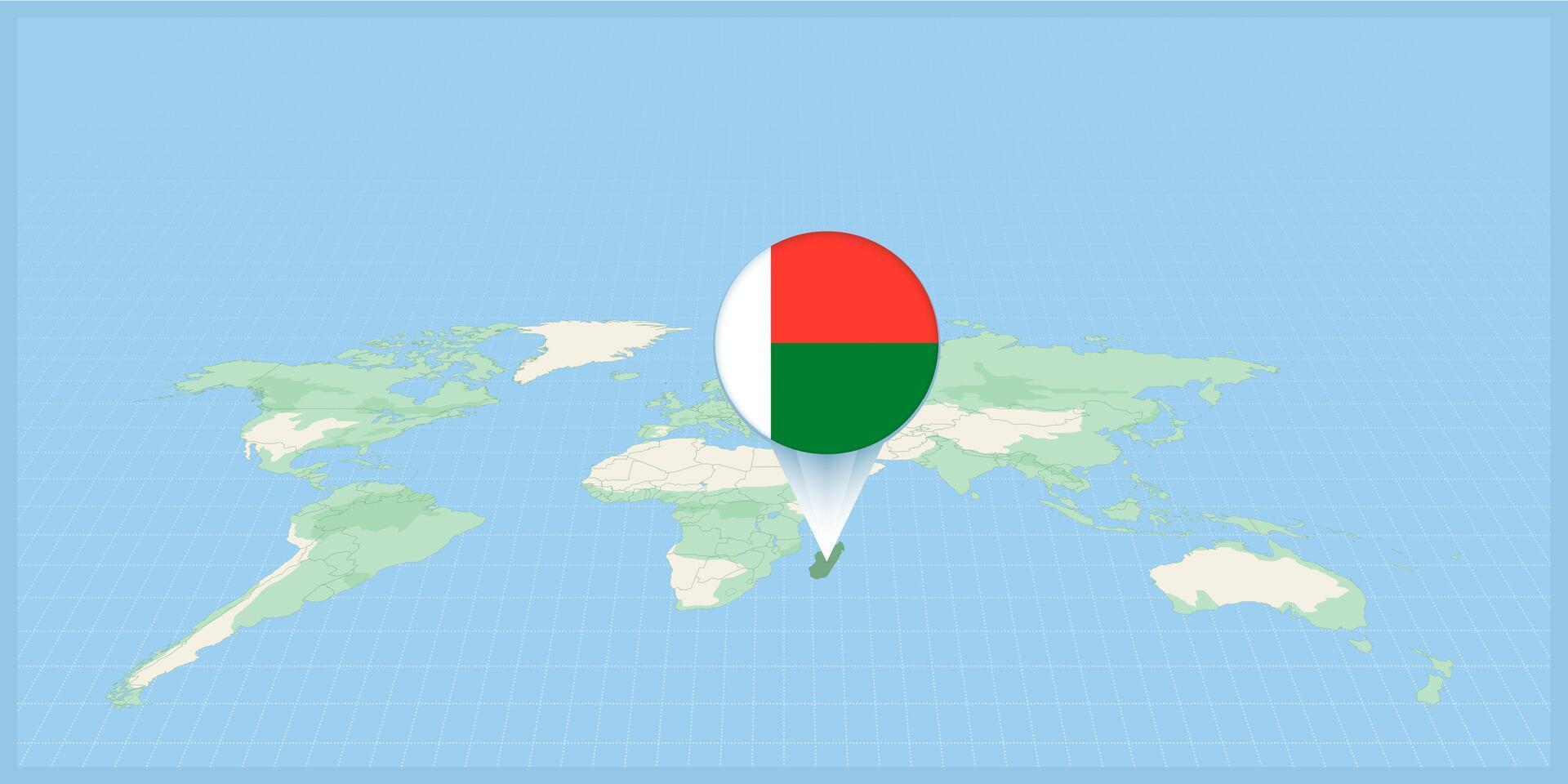 localização do Madagáscar em a mundo mapa, marcado com Madagáscar bandeira alfinete. vetor