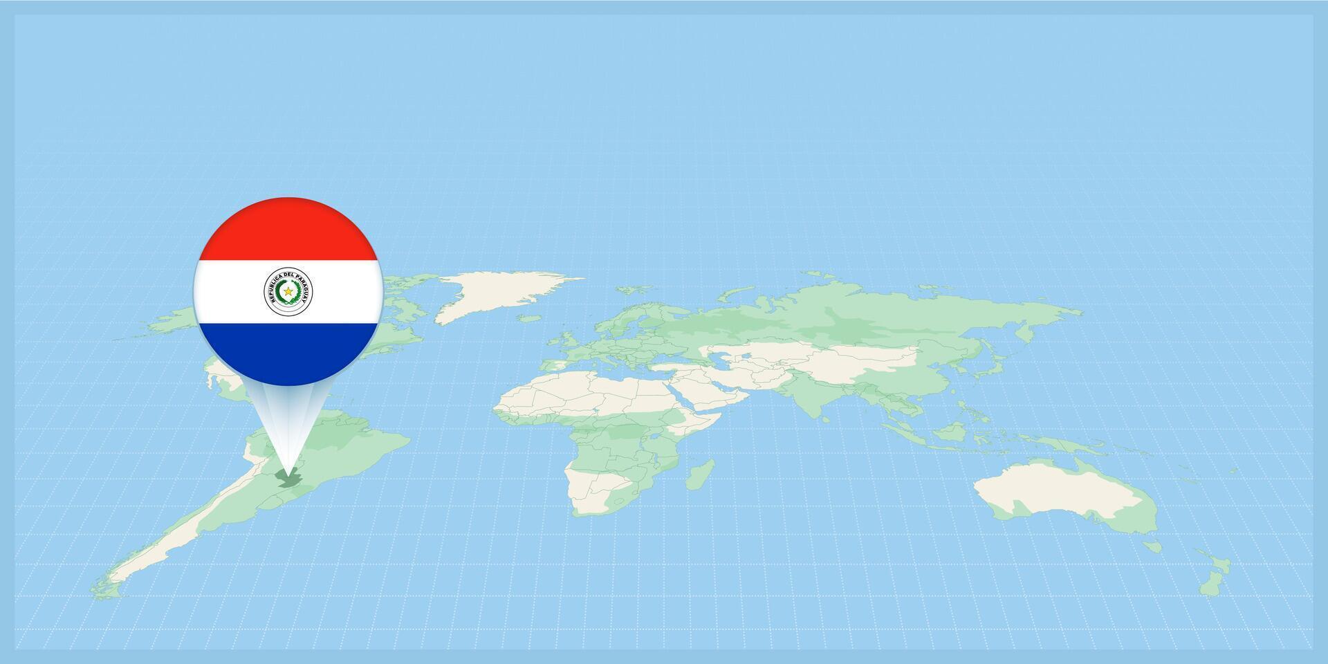 localização do Paraguai em a mundo mapa, marcado com Paraguai bandeira alfinete. vetor