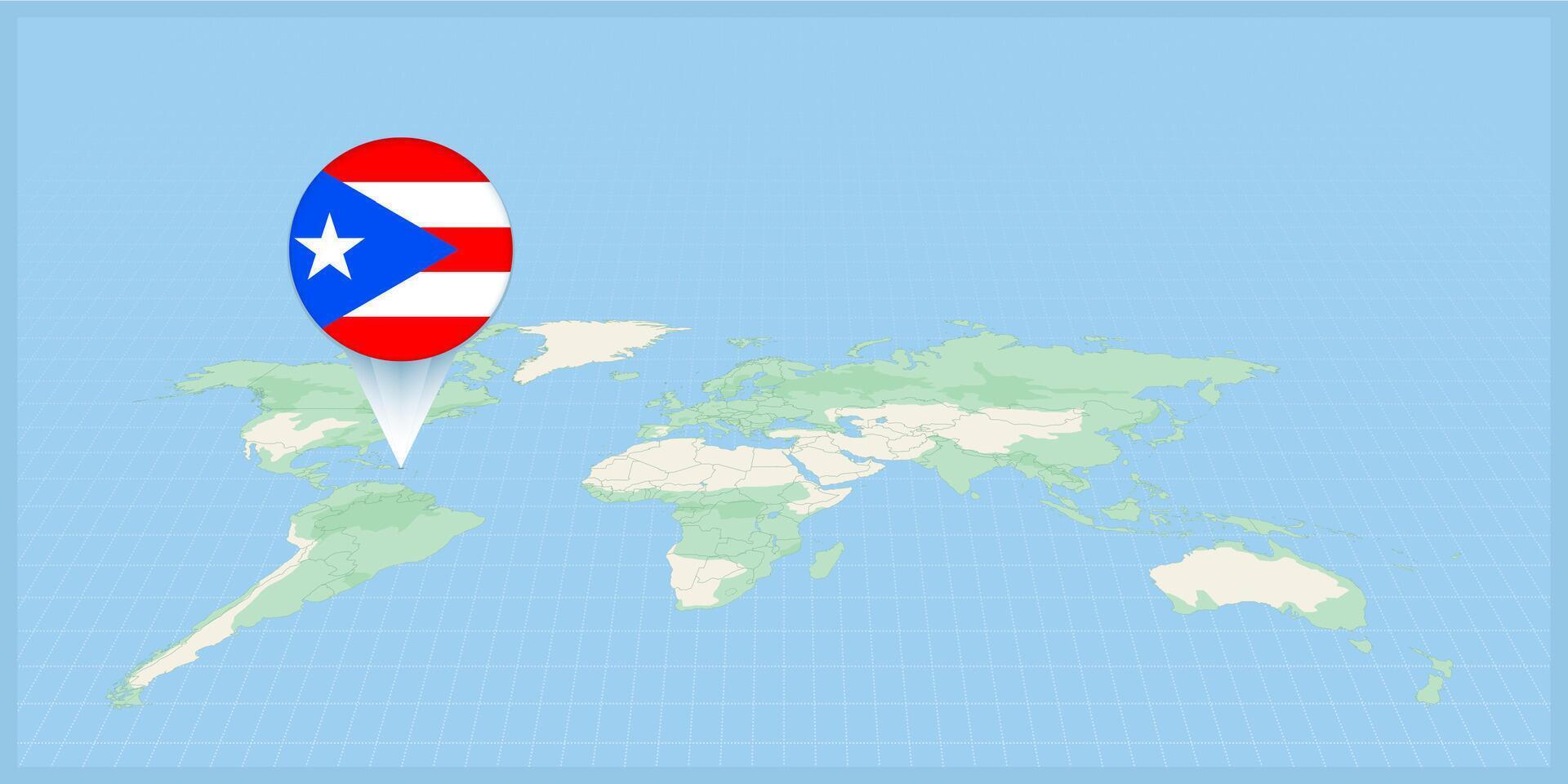 localização do porto rico em a mundo mapa, marcado com porto rico bandeira alfinete. vetor