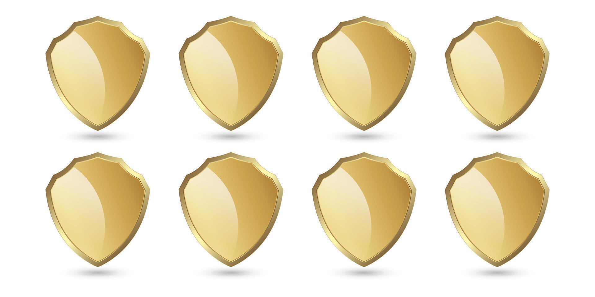uma ouro seguro ícone, símbolos, e oito dourado seguro ícones, símbolos, e defesa formas botão em isolado fundo, uma luxo, Prêmio, ouro ícones isolado branco. vetor ilustração
