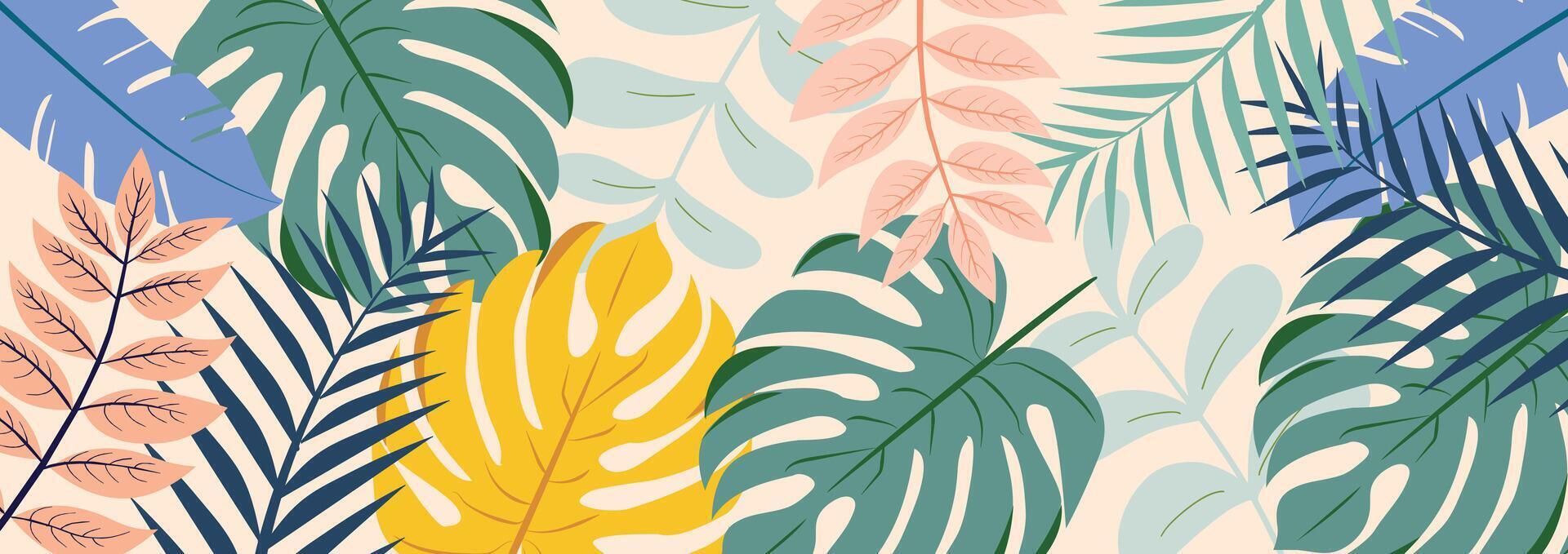 tropical folhas fundo vetor. botânico folhagem bandeira Projeto mão desenhado colorida Palma folha, monstera folhas linha arte. Projeto para papel de parede, cobrir, cartões, embalagem, folheto. vetor