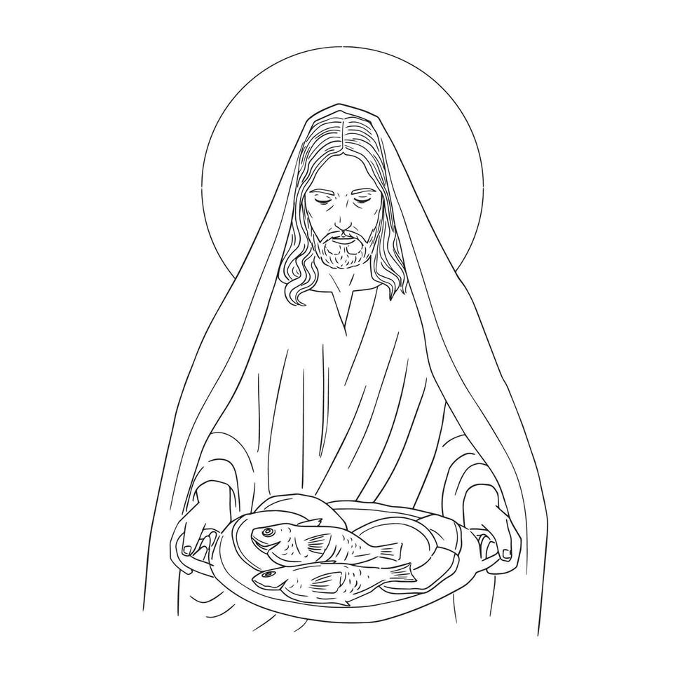 Jesus e a multiplicação do pães e peixe vetor