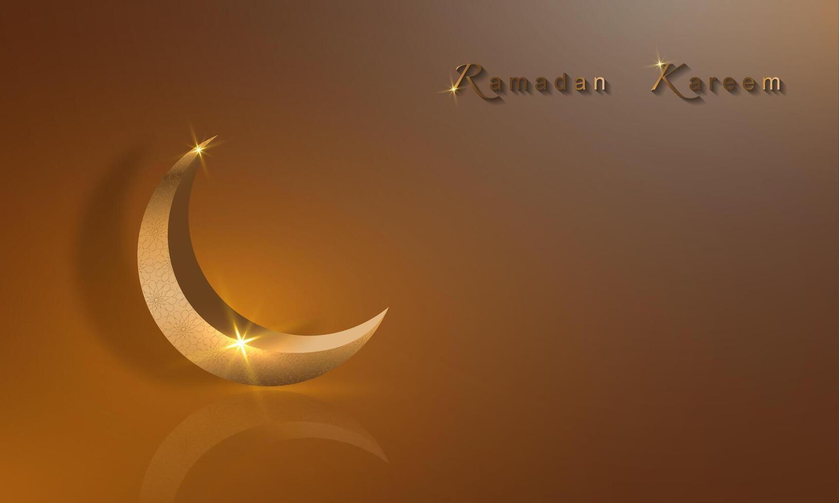 Ramadã kareem bandeira, 3d ouro crescente lua, feriado cumprimento tradicional islâmico. árabe Projeto para produtos mostruário, apresentação, Cosmético, base, Ramadã vendas, cópia de espaço em bege fundo vetor