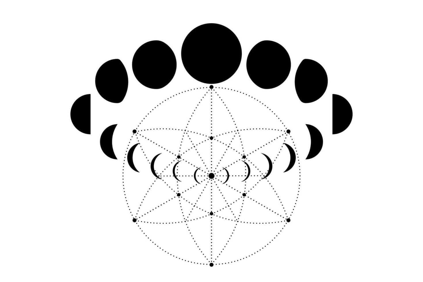 lua fases em sagrado geometria. místico desenhando geométrico energia círculos, Magia astrologia símbolos, alquimia, esoterismo, ocultismo sinal, Preto vetor isolado em uma branco fundo