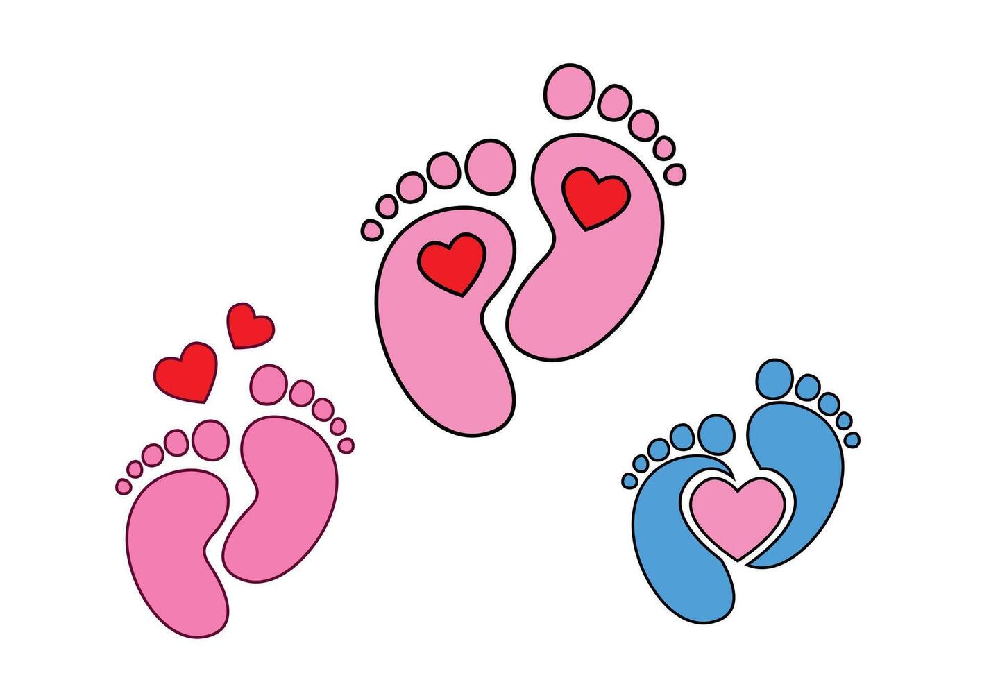 bebê pegada , passos, bebê pés corações, vetor ilustração.