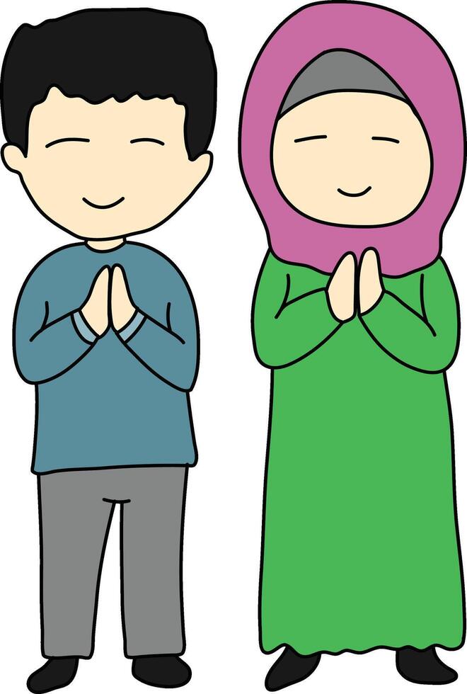 desenho animado muçulmano menina e Garoto vetor