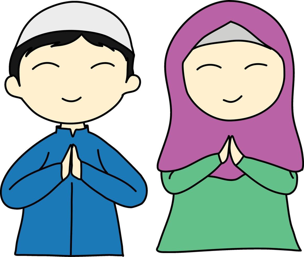 desenho animado muçulmano menina e Garoto vetor
