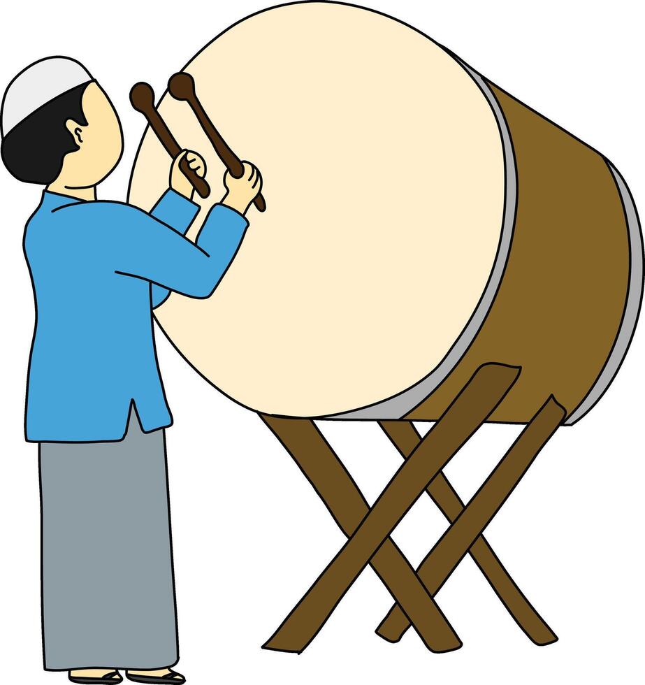fofa desenho animado do feliz muçulmano Garoto espancamento tambor e a comemorar eid al-fitr. vetor