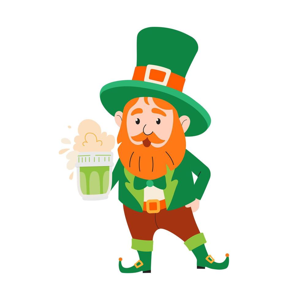 feliz santo patricks dia. engraçado duende dentro verde chapéu com cerveja. fofa desenho animado personagem. vermelho barba. vetor ilustração para cumprimento cartão, convite, rede bandeira, cartazes.