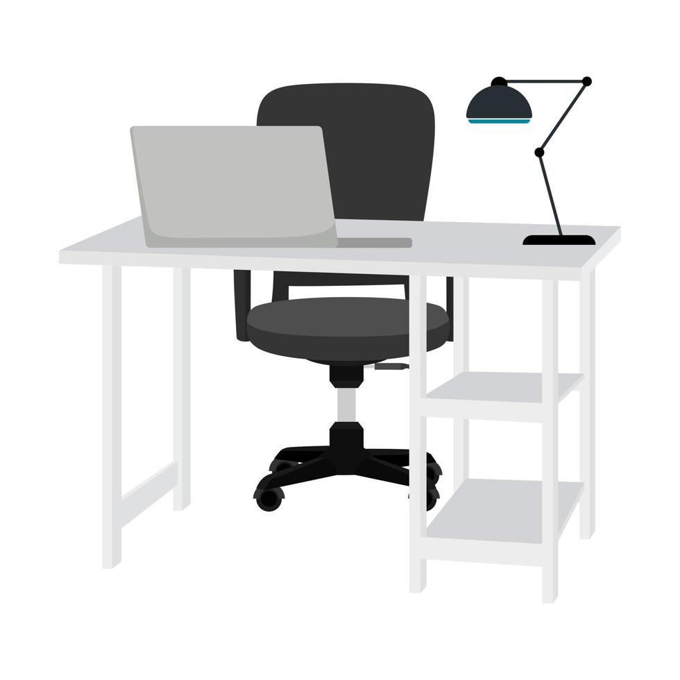 linda mesa de escritório em casa com cadeira, mesa e gaveta e abajur isolado vetor
