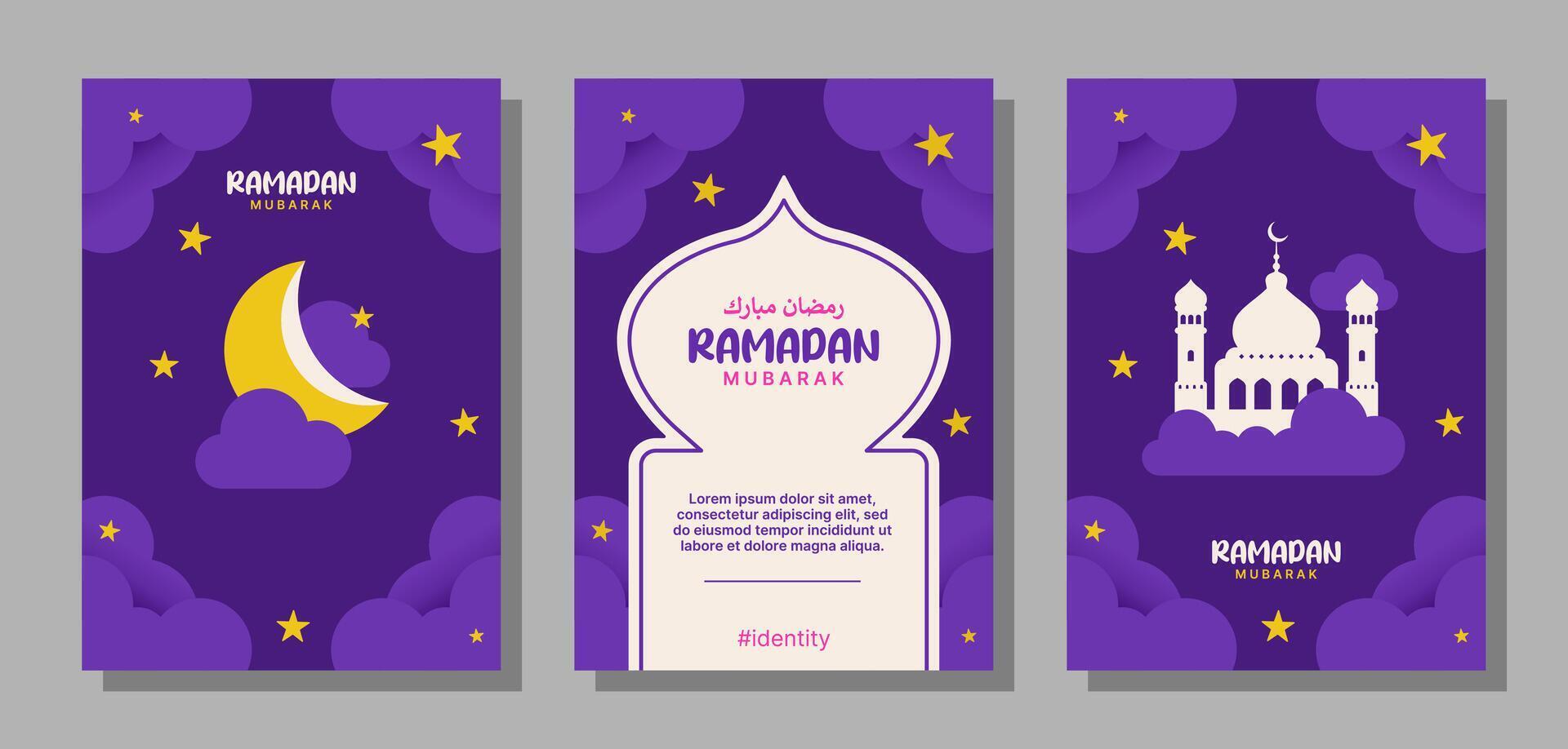 conjunto do vetor a4 Tamanho Ramadã Mubarak para cartazes, cartões, capas, e outros. brincalhão desenhos com à moda lua e mesquita dentro nublado céu.
