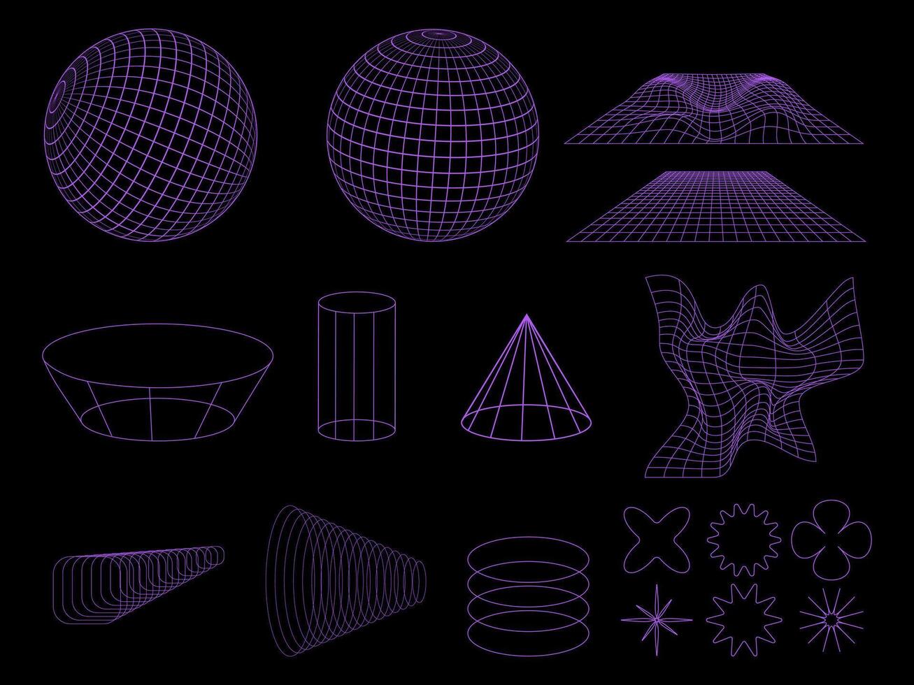 3d geométrico formas definir. abstrato retro-futurista wireframe. vetor