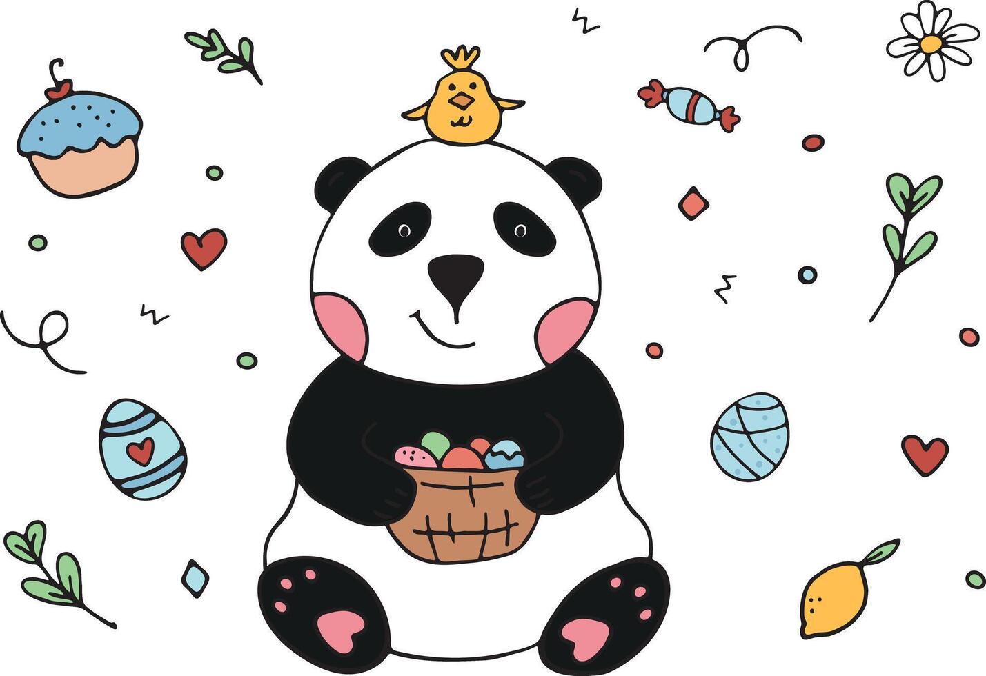 uma panda detém uma cesta do Páscoa ovos, uma pequeno amarelo frango senta em dele cabeça. rabisco vetor conjunto com cenoura, casca de ovo, doce, colori ovos