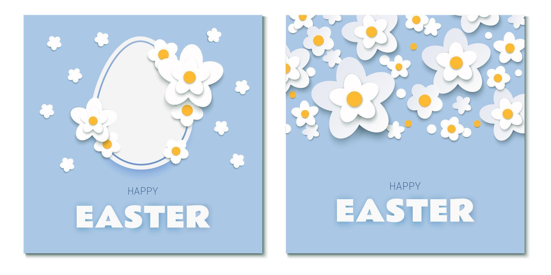 feliz Páscoa cumprimento cartões com papel cortar ovo e branco flores em azul fundo vetor