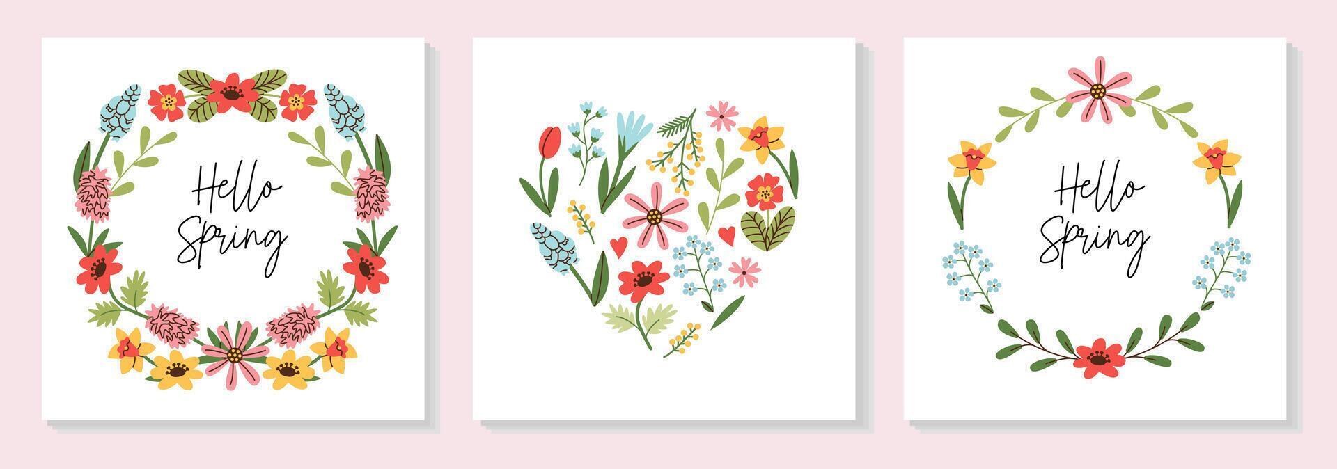 conjunto do mães dia cumprimento cartões com lindo flores, floral quadro, guirlanda, corações mãe dia modelos para poster, cobrir, bandeira, social meios de comunicação. vetor