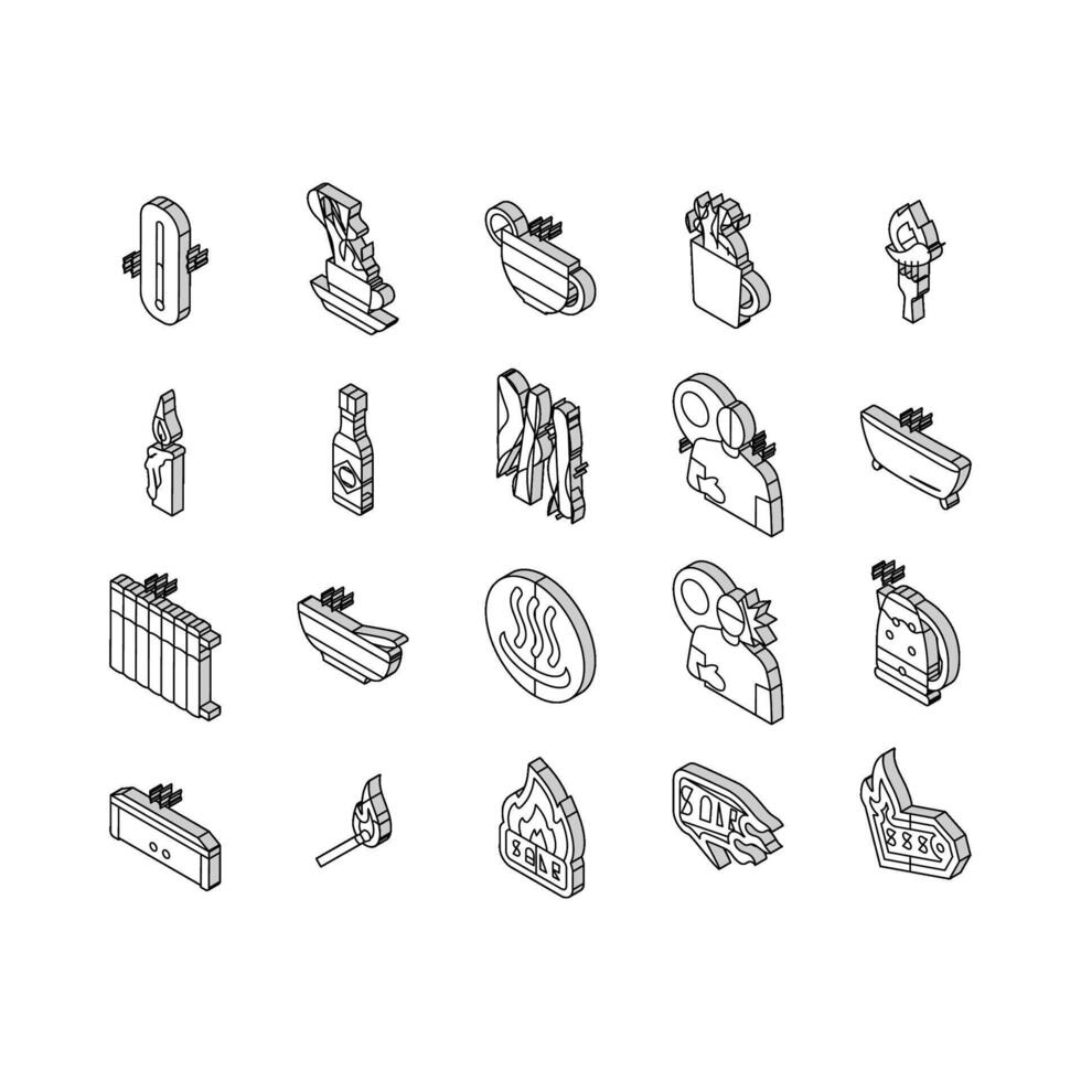 quente fogo etiqueta chama tag isométrico ícones conjunto vetor