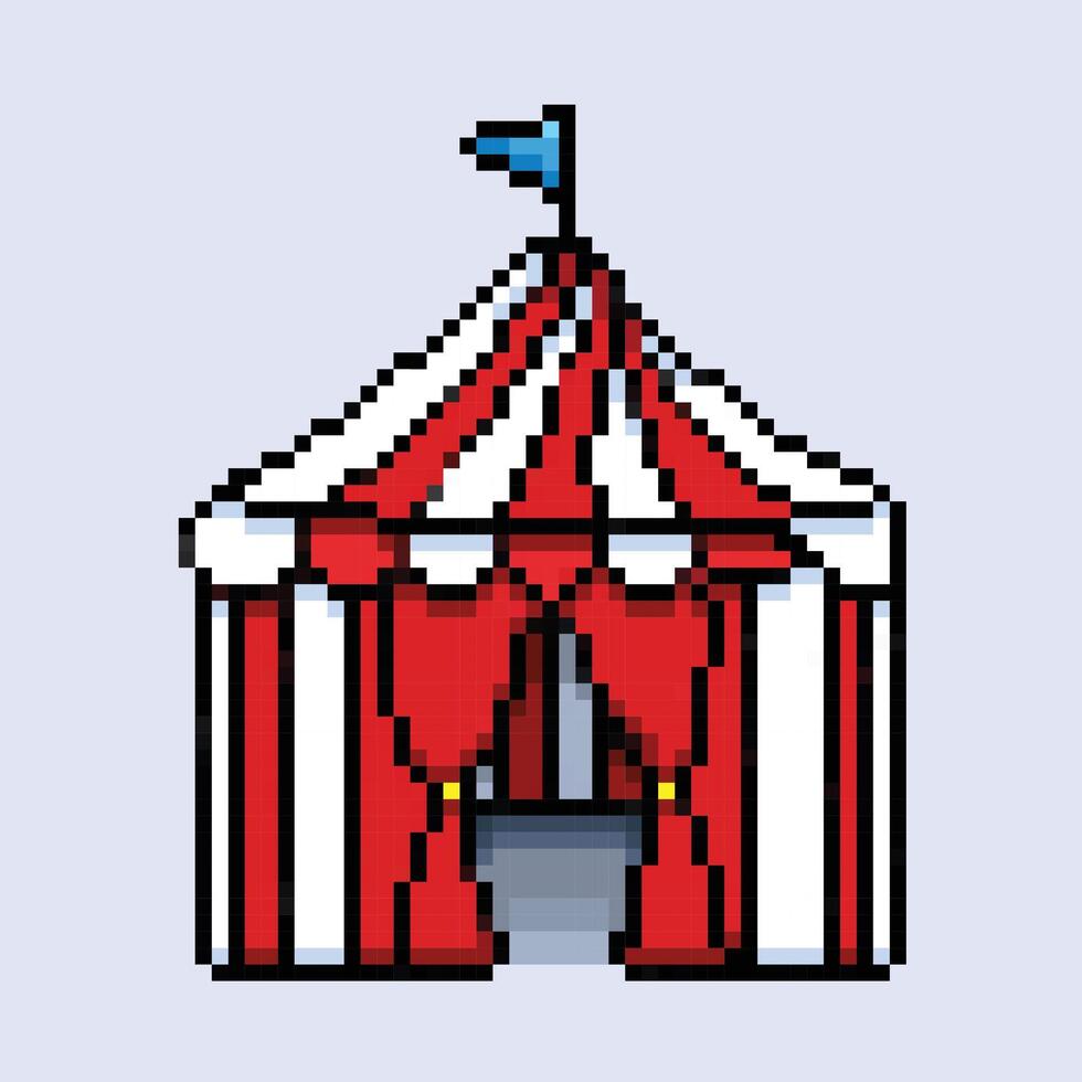 circo festival vermelho e branco barraca com azul bandeira. pixel mordeu retro jogos estilizado vetor ilustração desenho. simples plano desenho animado desenhando isolado em quadrado fundo.