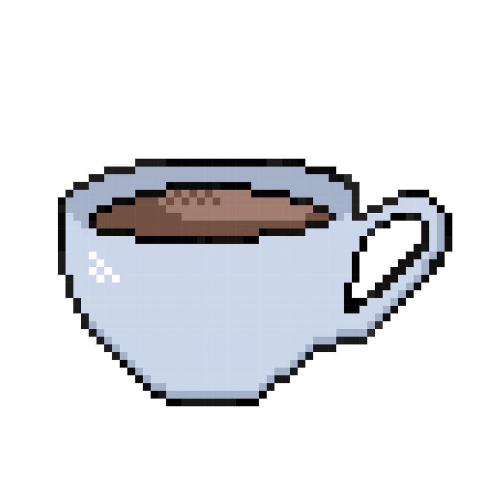 café copo bebidas dentro luz cinzento vidro. pixel mordeu retro jogos estilizado vetor ilustração desenho. simples plano desenho animado desenhando isolado em quadrado branco fundo. café ou Preto chá.