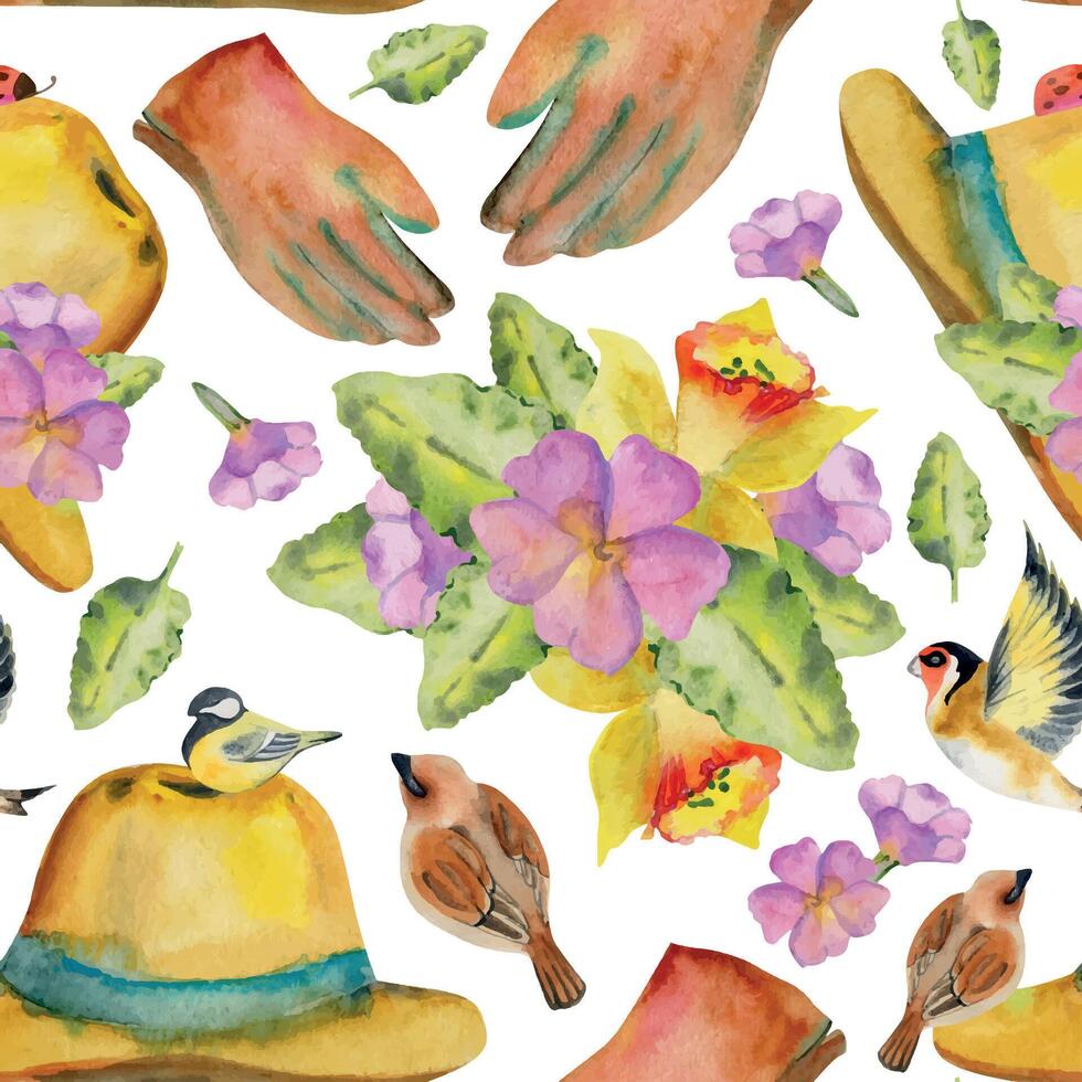 mão desenhado aguarela ilustração Primavera jardinagem roupas acessório, chapéu luvas com flores e pássaros. desatado padronizar isolado em branco fundo. Projeto imprimir, comprar, scrapbooking, embalagem vetor