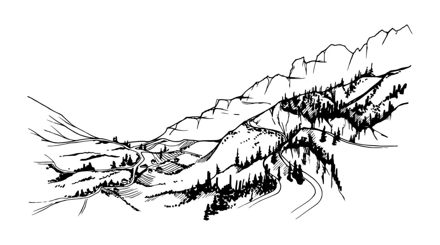 mão desenhado tinta vetor ilustração, montanha panorama cenário central sul América, colinas avião terras agrícolas floresta passeio turístico. isolado em branco fundo. Projeto viagem, férias, folheto, impressão