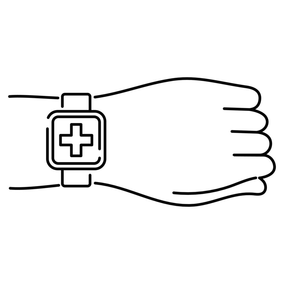 vetor isolado linha ícone, humano mão com uma inteligente assistir. ginástica pulseira com uma médico Cruz ícone.