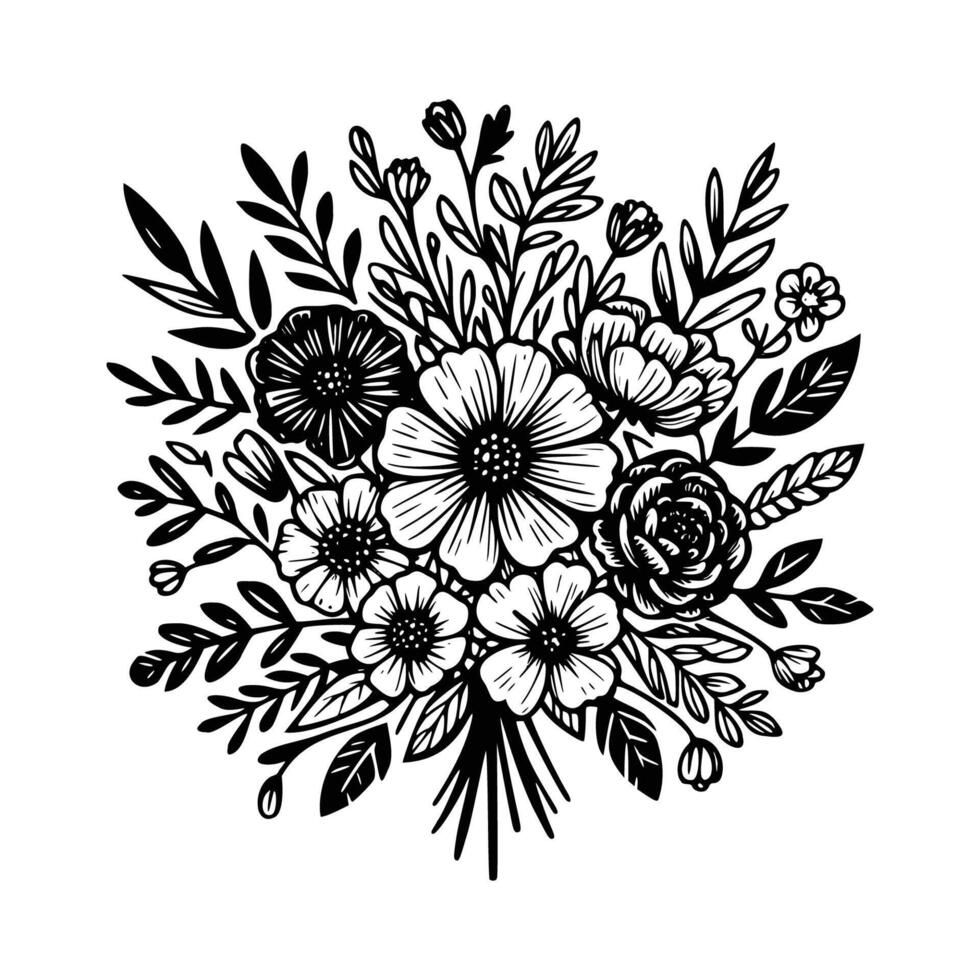 Preto e branco flores mão desenhado vetor ilustração isolado branco fundo