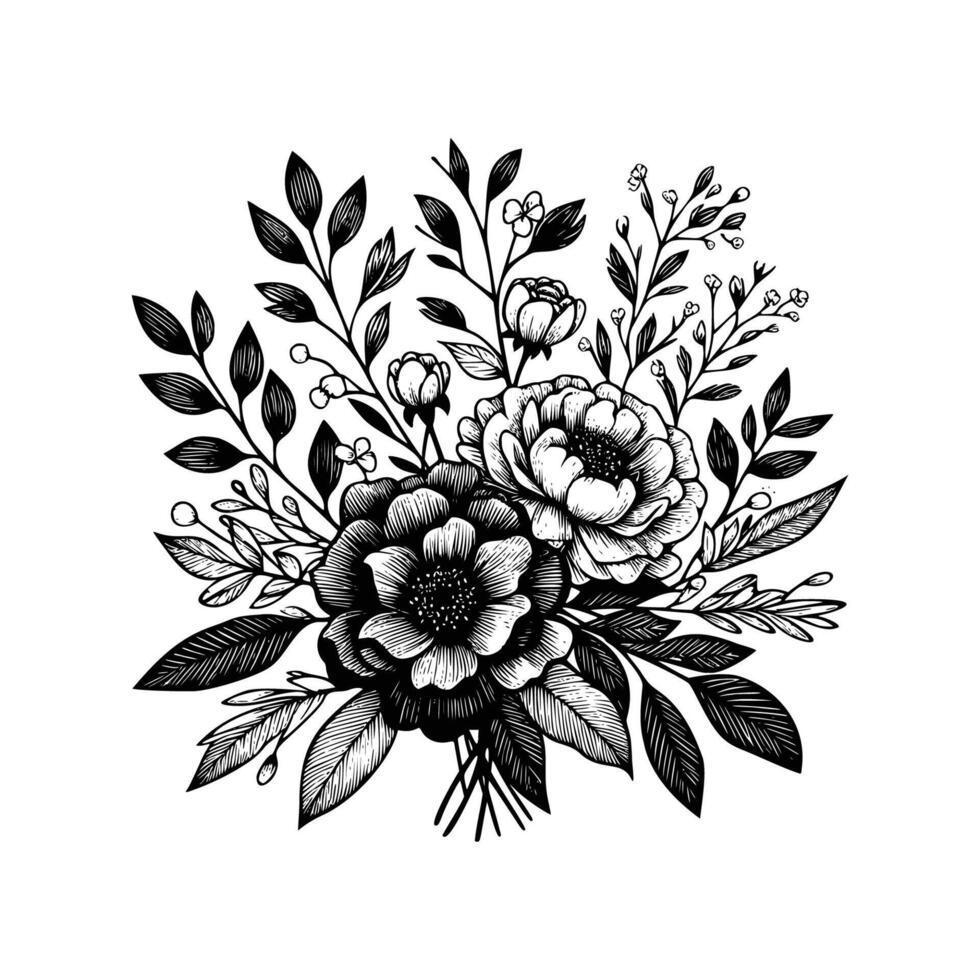 Preto e branco flores mão desenhado vetor ilustração isolado branco fundo