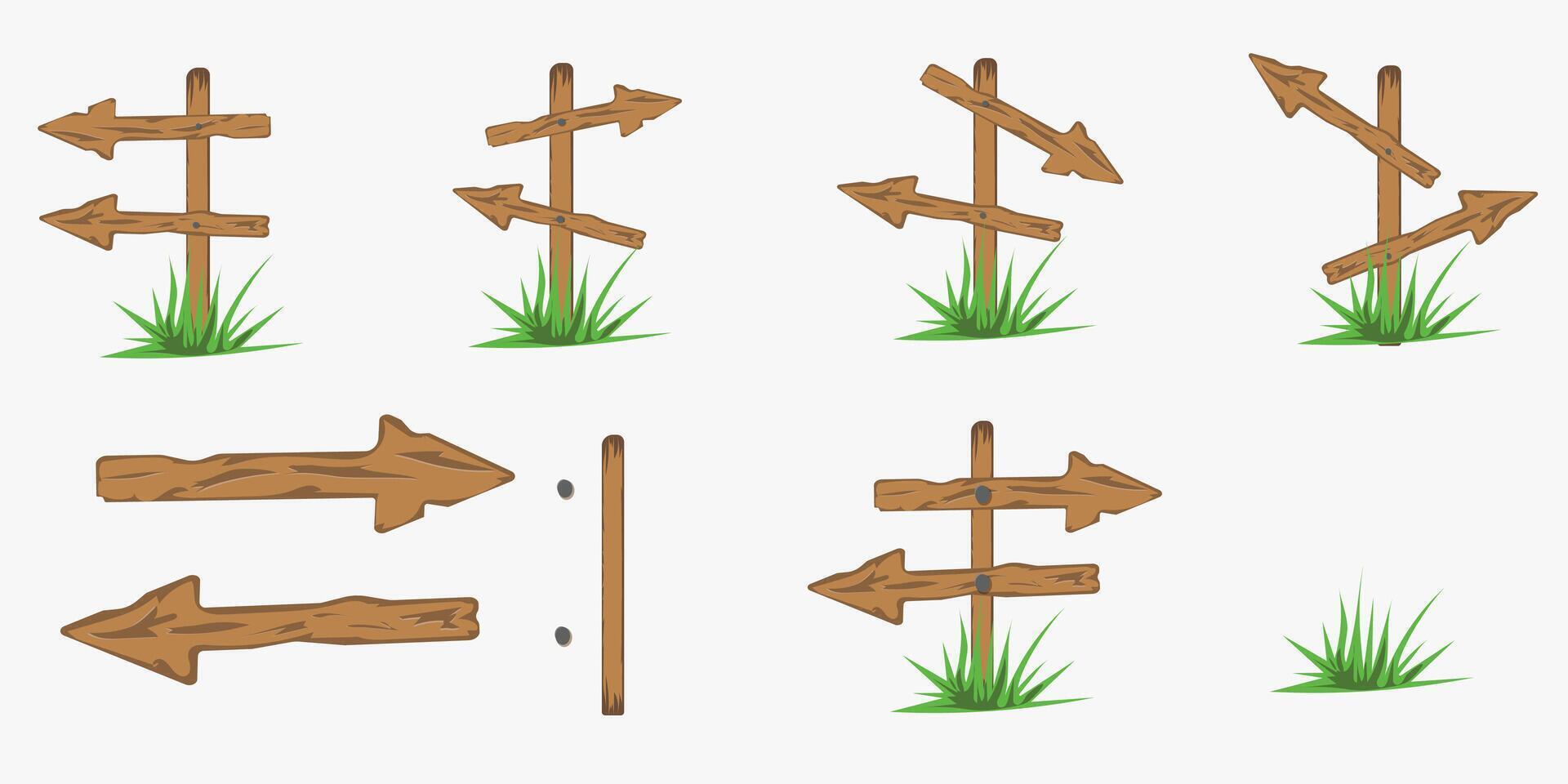 de madeira sinais com verde grama. cenógrafo do Setas; flechas para qualquer propósito. abstrato modelo com de madeira sinais. vetor