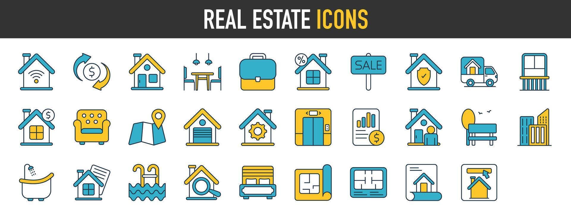 real Estado ícone definir. incluído a ícones Como realidade, propriedade, hipoteca, localização, casa empréstimo e mais. ícones coleção simples vetor ilustração